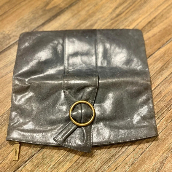 HOBO Soft Blue Leather Foldover Magnetic Clutch Purse Bronze Ring Boho Evening - Picture 12 of 12